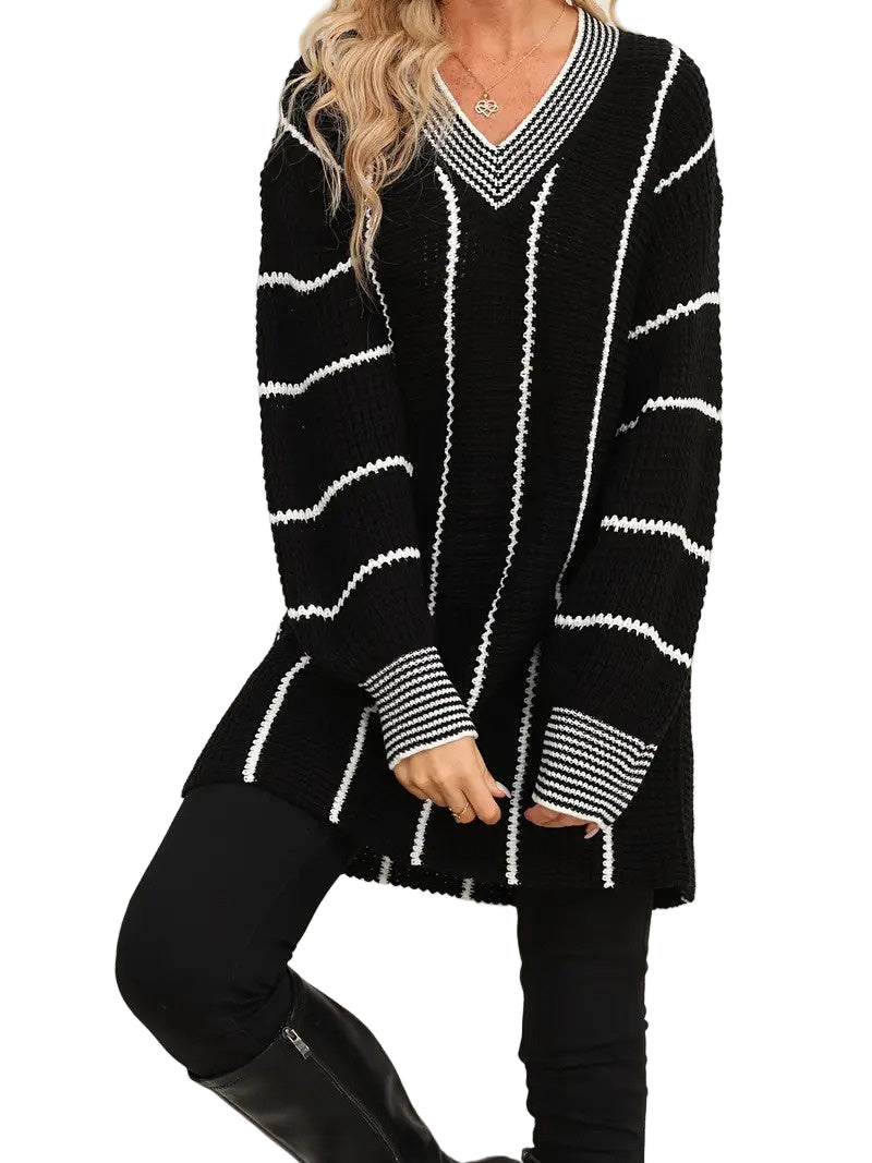 Damski Sweter z Dekoltem w Serek i Paskami