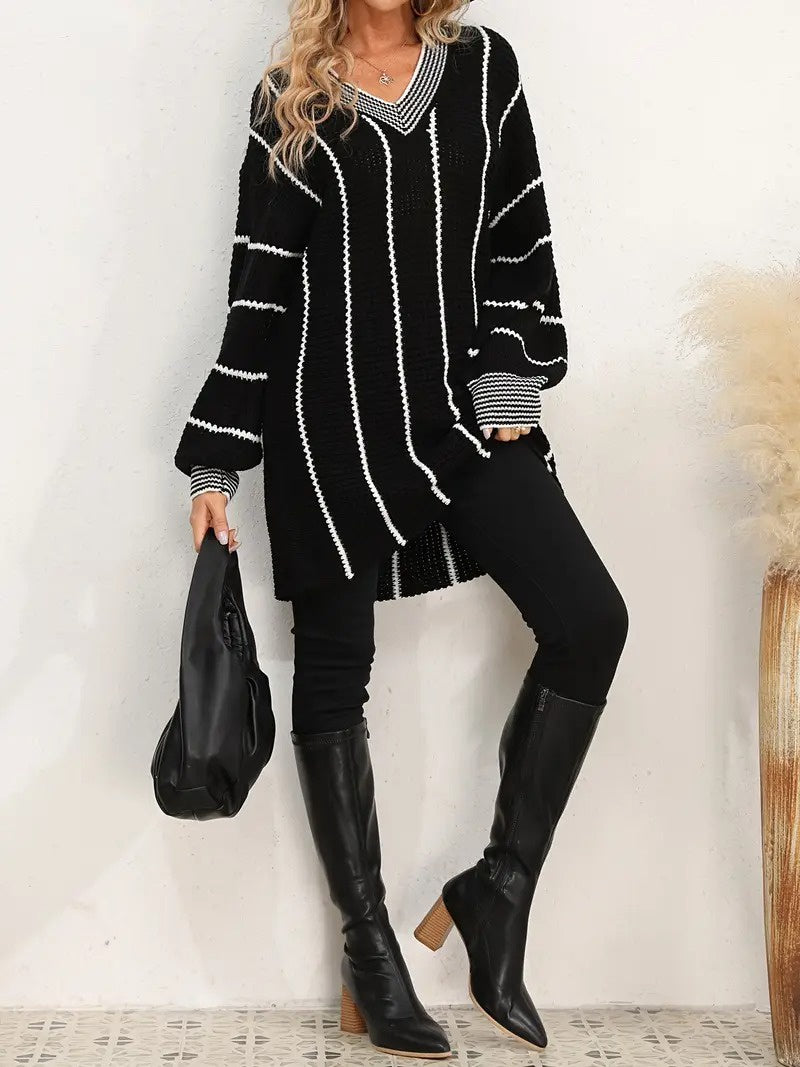 Damski Sweter z Dekoltem w Serek i Paskami