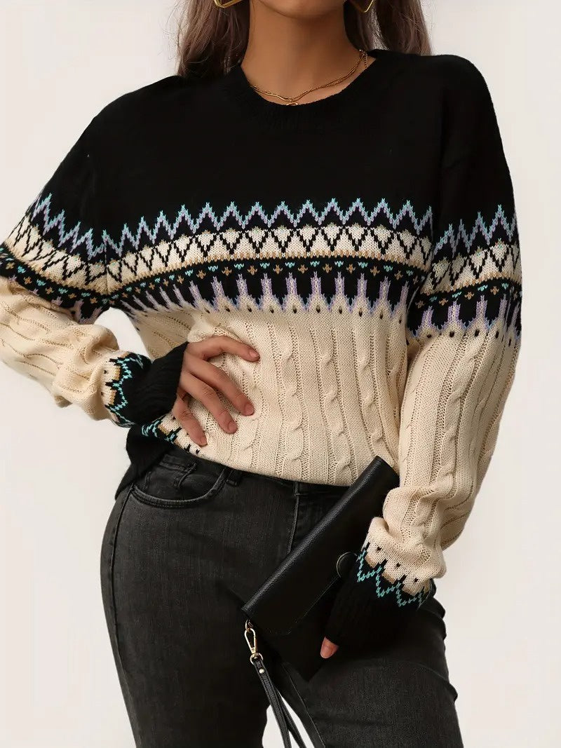 Damski Sweter z Okrągłym Dekoltem i Wzorem w Zygzaki