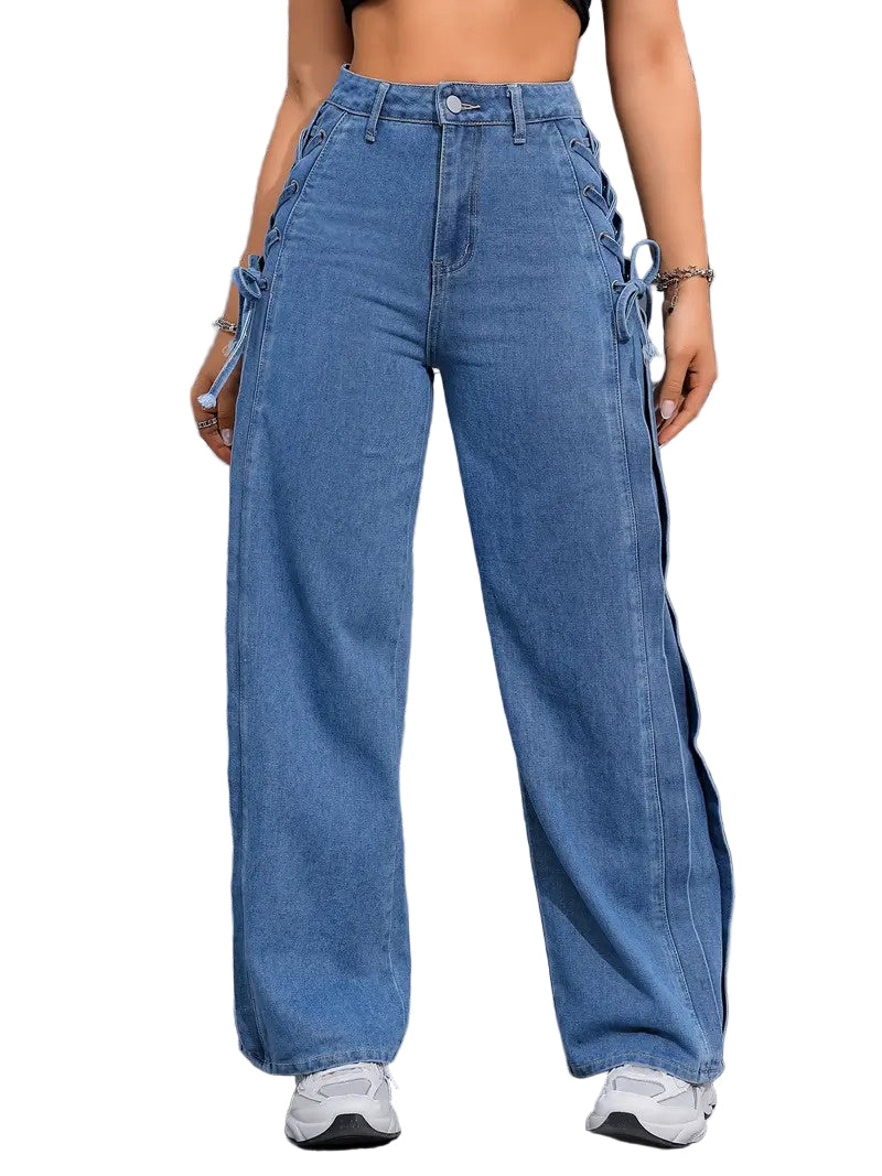 Damskie Spodnie z Szeroką Nogawką i Bocznym Sznurowaniem