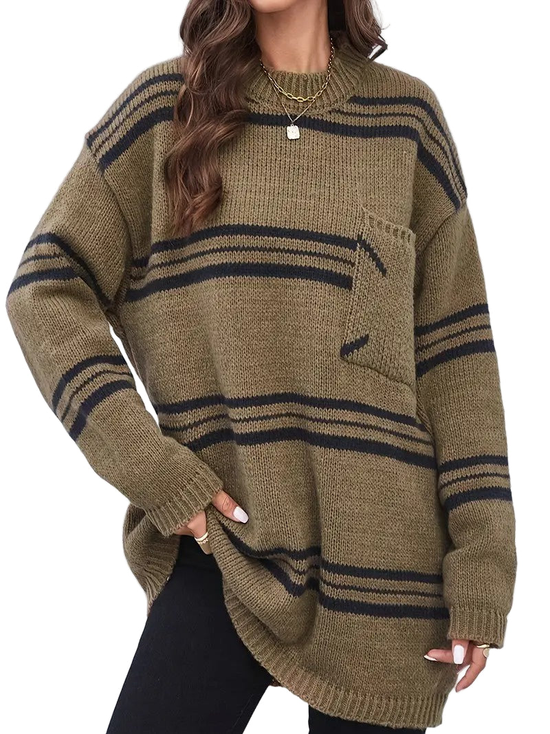 Sweter Damski z Wysokim Dekoltem i Kieszenią