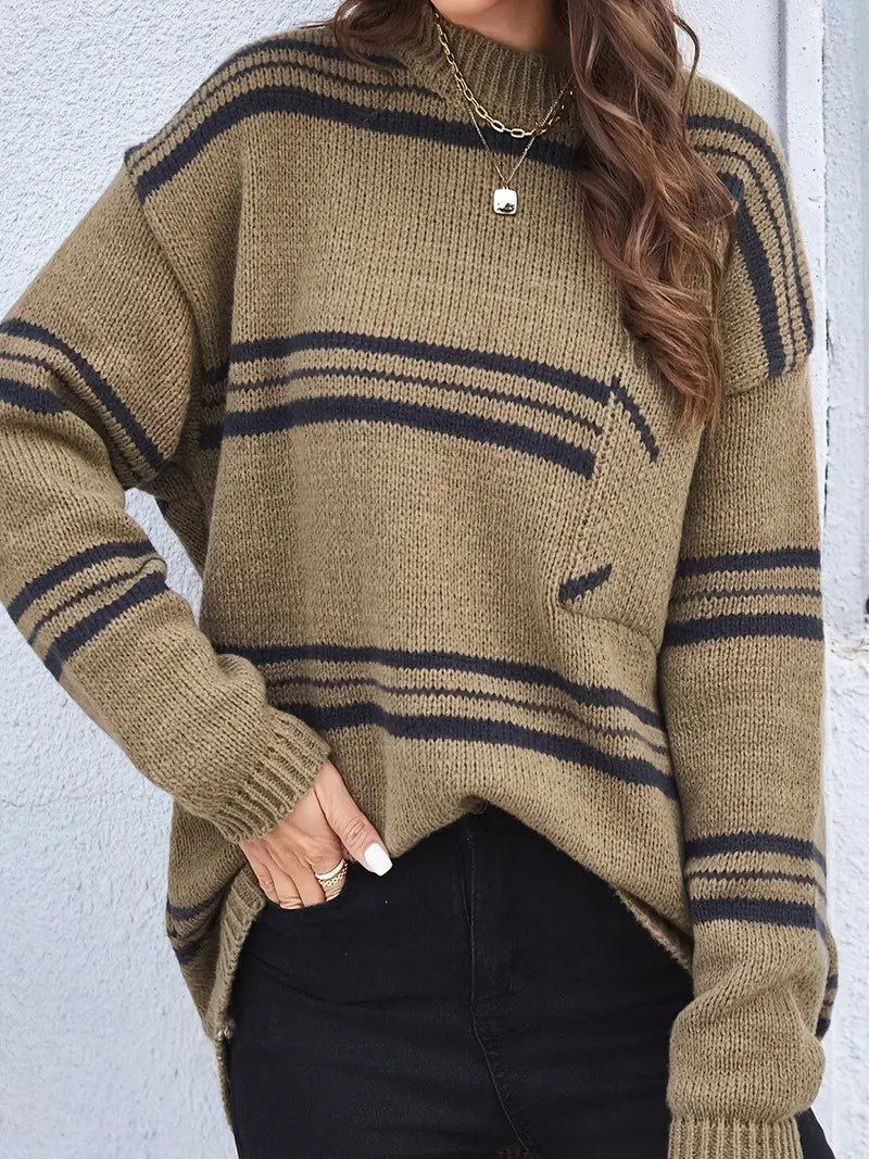 Sweter Damski z Wysokim Dekoltem i Kieszenią